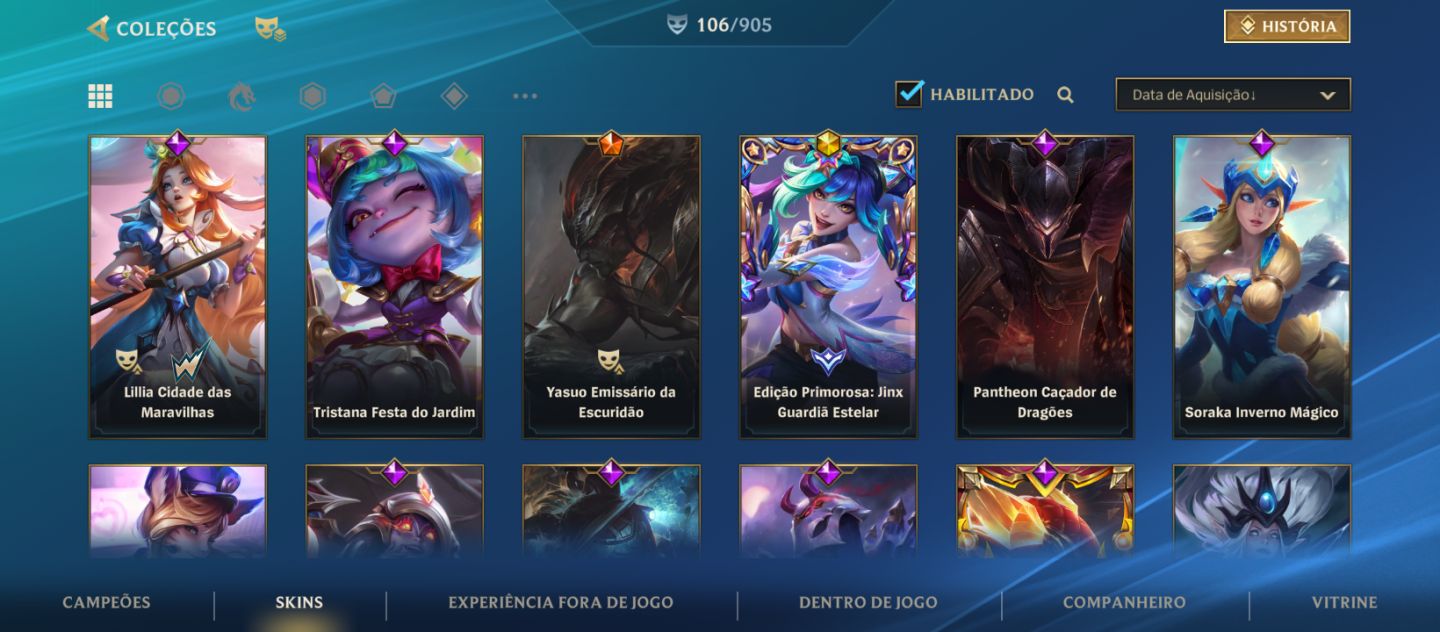 Conta WR 106 Skins + 6 Gloriosas Season 1 - Todas Lendárias + Jinx Guardiã Estel