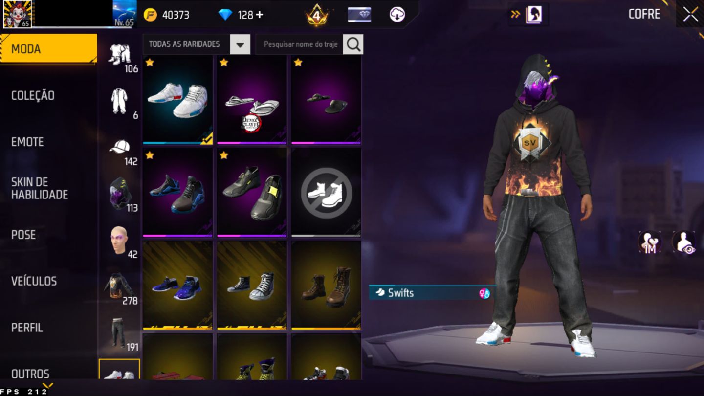 Conta Free Fire Nv. 65 Gemada desde 2018 - itens antigos - Parceria Mclaren