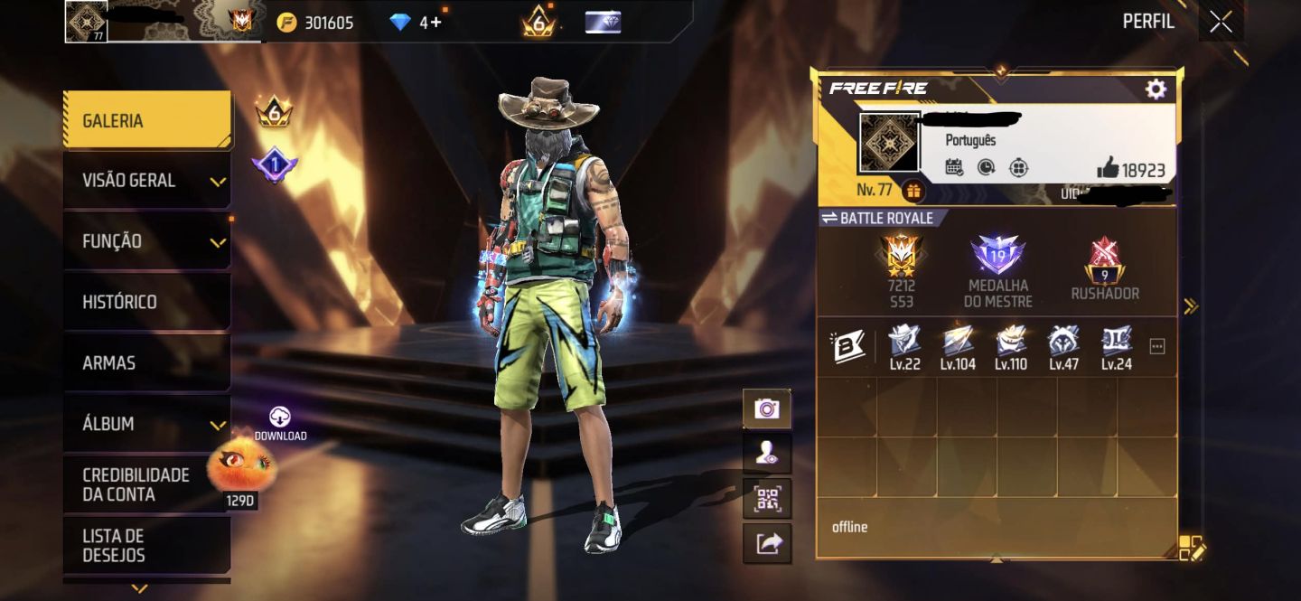 CONTA DE FF GEMADA STEAM PUNK+PRIME 6 + FREE FIRE+ PUNHOS + TOP CRIMINAL ROXO