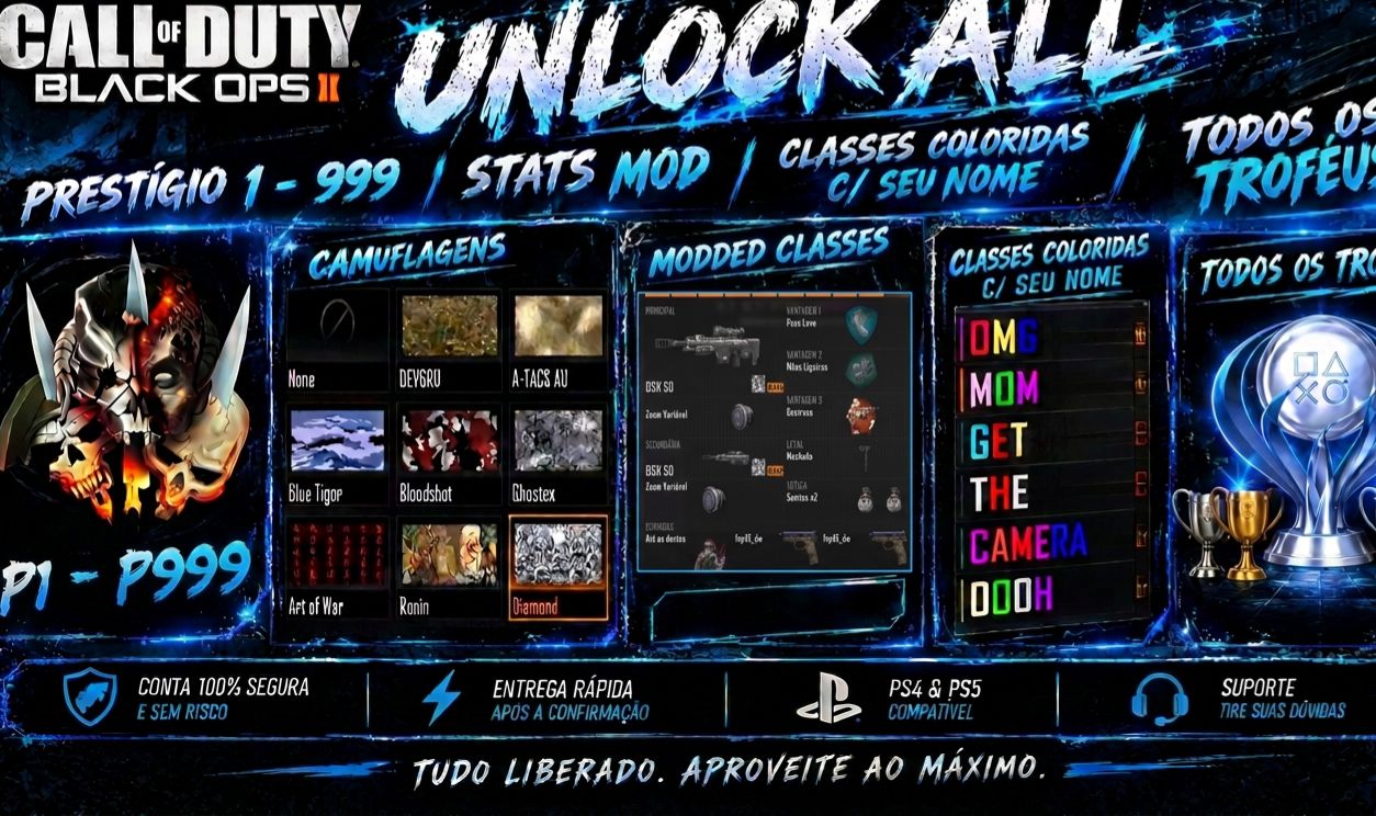 COD BO2 - VIA LOBBY OU QR CODE - UNLOCK ALL + STATS + TROFEUS + CLASSES MOD
