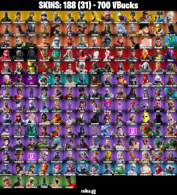 188 Skins - Black Knight, The Reaper, Floss, Neo Versa, Gold Midas, 700 vbucks