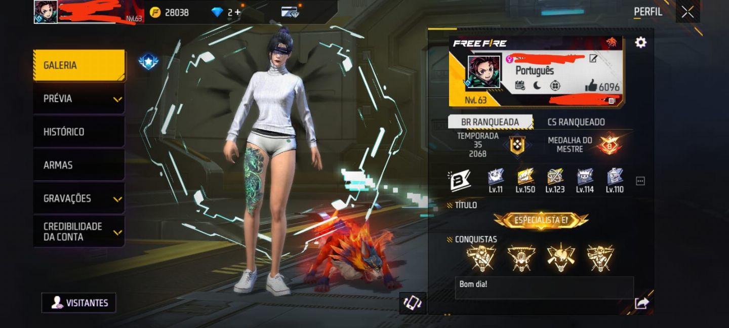 Conta Rara Free Fire Nível 63 com calça angelical e vários passes