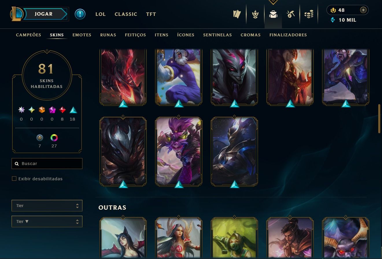 CONTA LOL NV 244 | MMR ALTO (CAINDO C/ PLATINA/ESMERALDA) | 81 SKINS (8 LENDÁRIA