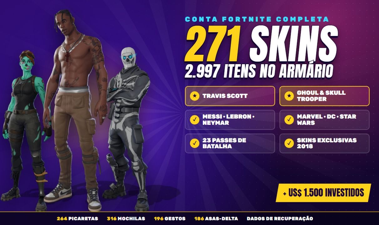 Conta Fortnite 271 Skins | Travis Scott | Marvel, DC, Star Wars | STW Fundador