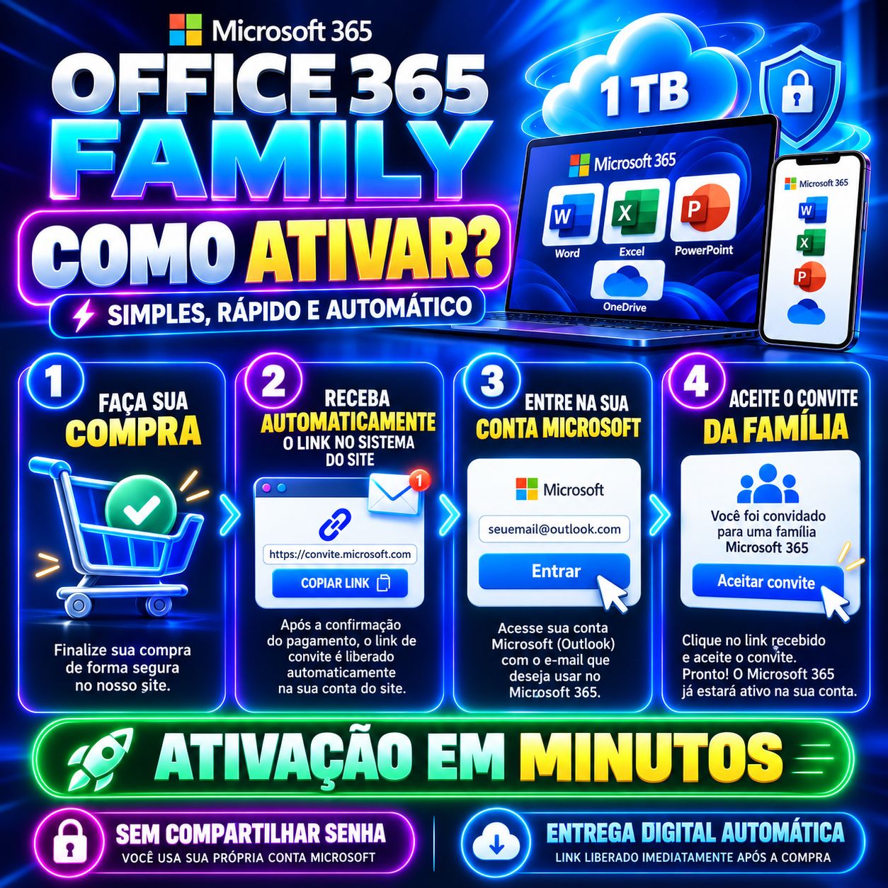 Office 365 | 1TB OneDrive | Word, Excel, PowerPoint | NA SUA CONTA! 30 DIAS