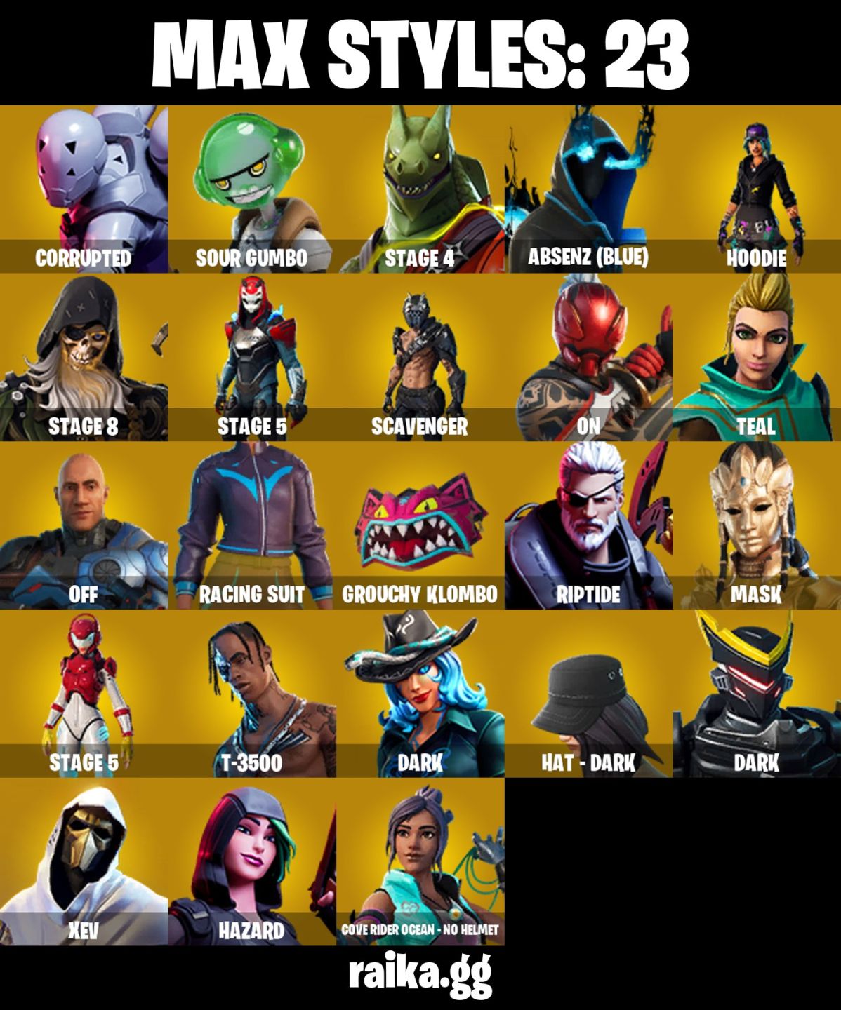 69 skins Travis Scott 3,3k VBucks Midas Tony stark