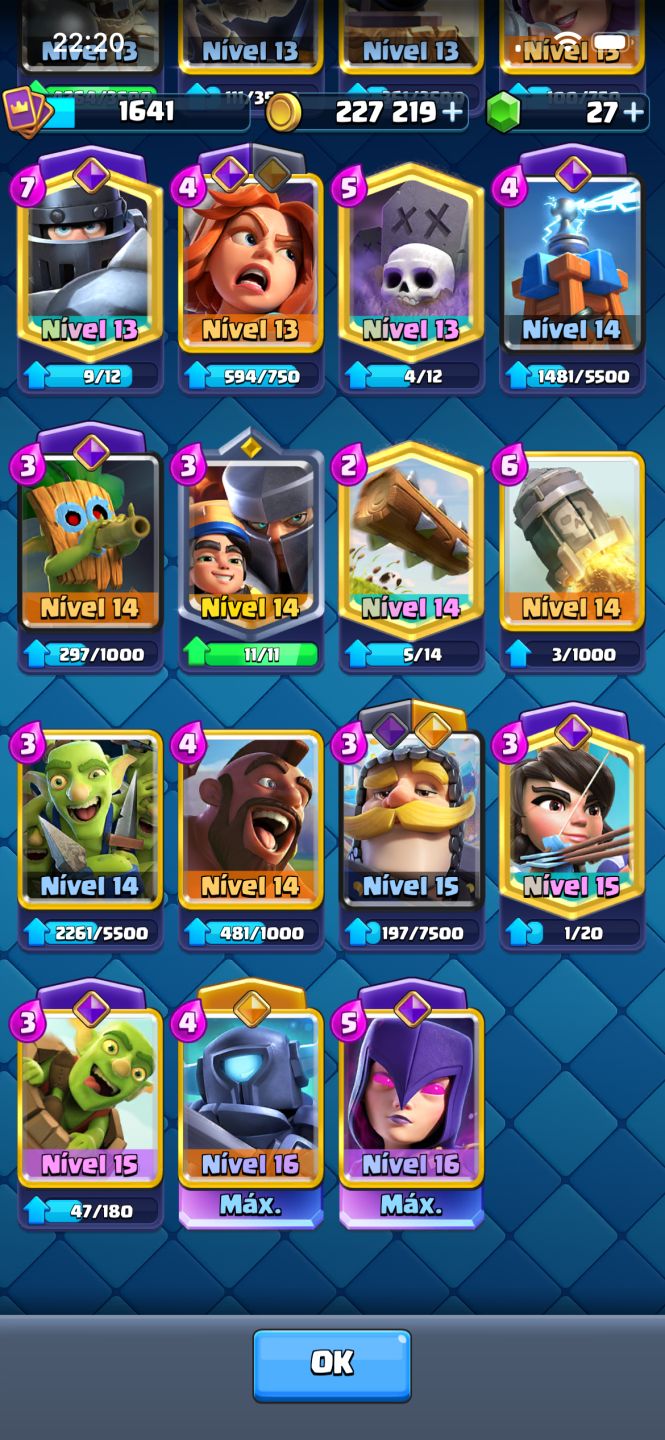 Conta Clash Royale passe da mini pekka completo 8 heróis, 19 evoluções