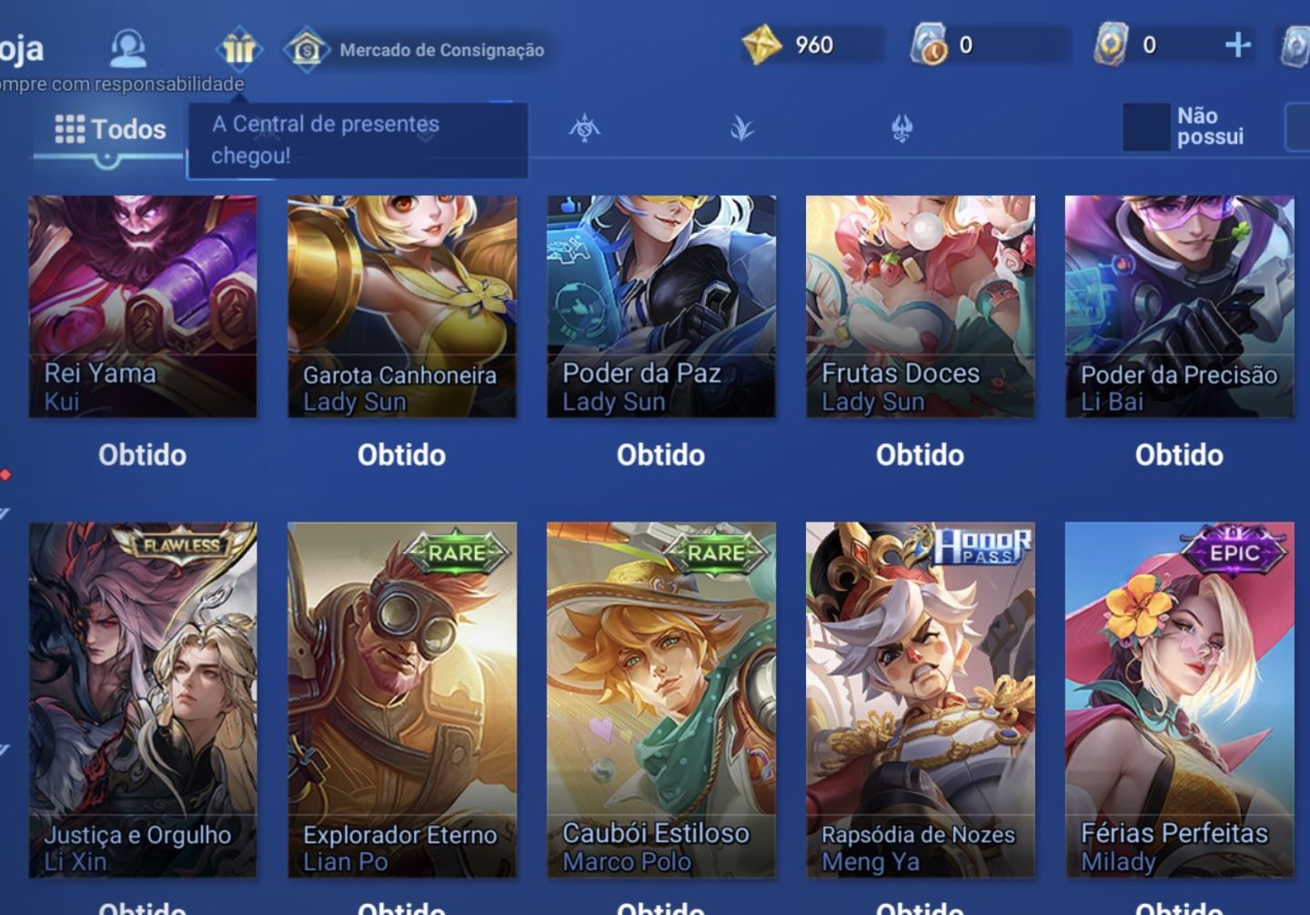 Account smurf Honor of Kings, Elo mestre , skins de collab e flawless