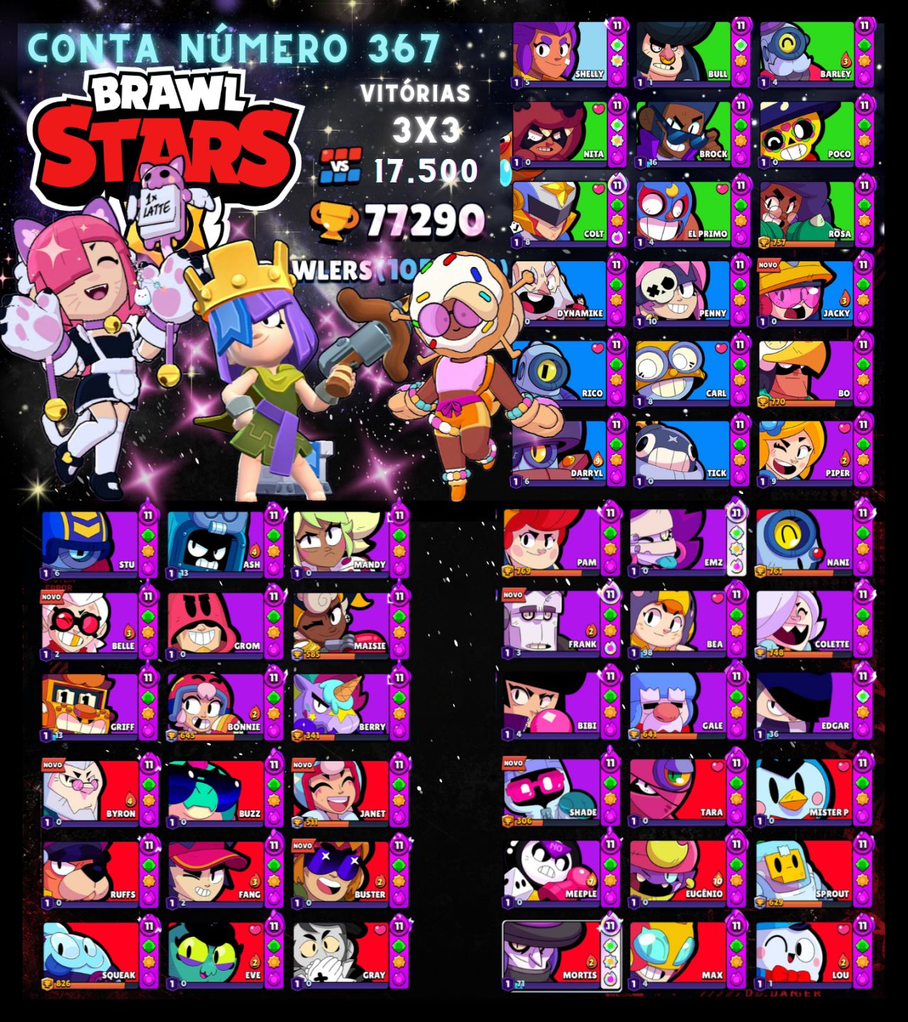 Contas de Brawl Stars Upadíssimas com vários troféus e Skins