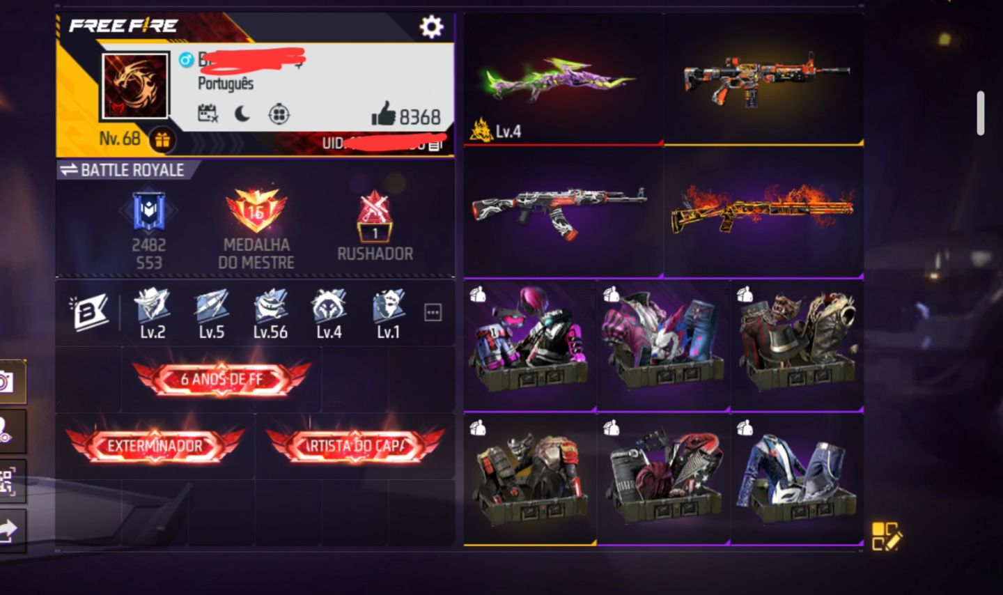CONTA FREE FIRE NÍVEL 68 | 1.276 DIAMANTES | 400 CAMISAS | LOGIN VK + EMAIL