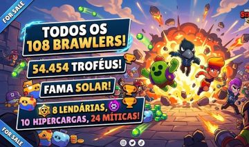 Conta de brawl stars com 54495 troféus, 108 brawlers, fama solar, e skins raras