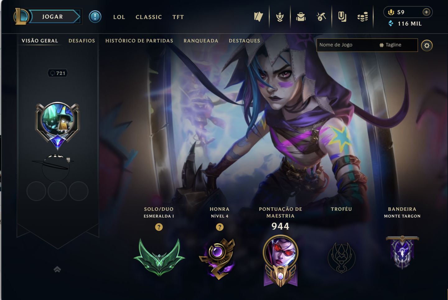 CONTA LOL +615SKINS(JINX FRAGMENTADA) +680 ICONES +229 CROMAS +MT SKIN RARA +TFT