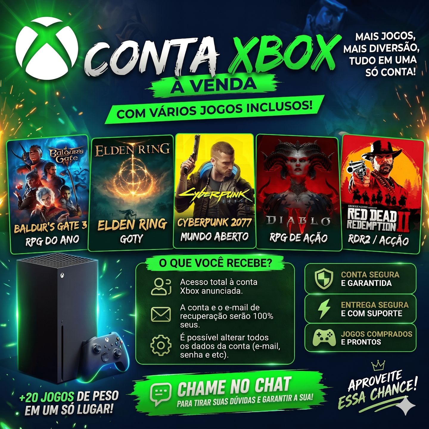 Conta Xbox com Baldurs Gate 3, Elden Ring, Cyberpunk, Diablo IV, RDR2 + 15 jogos