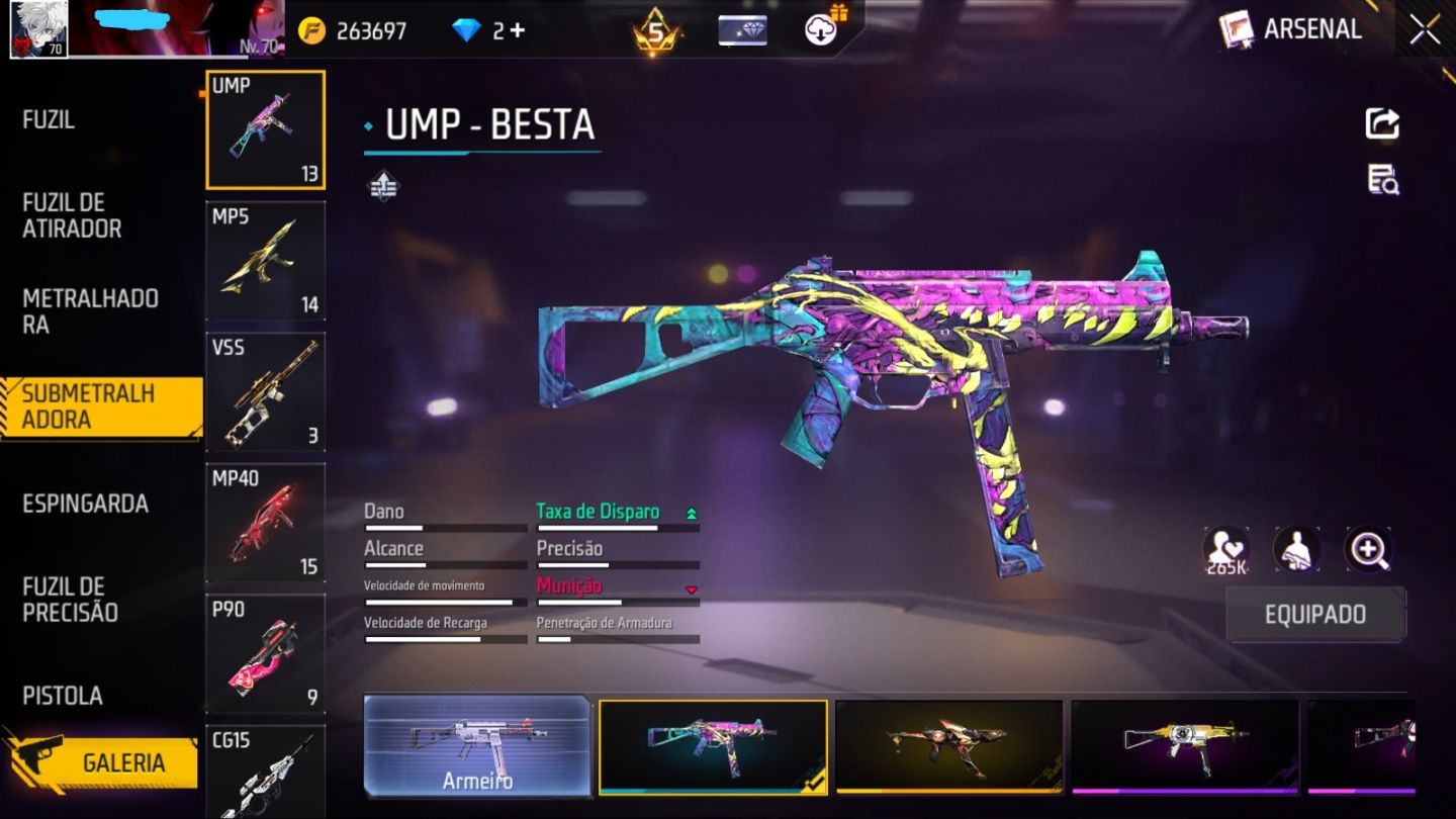 Conta de Free fire Gemada Rara com ump Roxa e XM8 ROXA