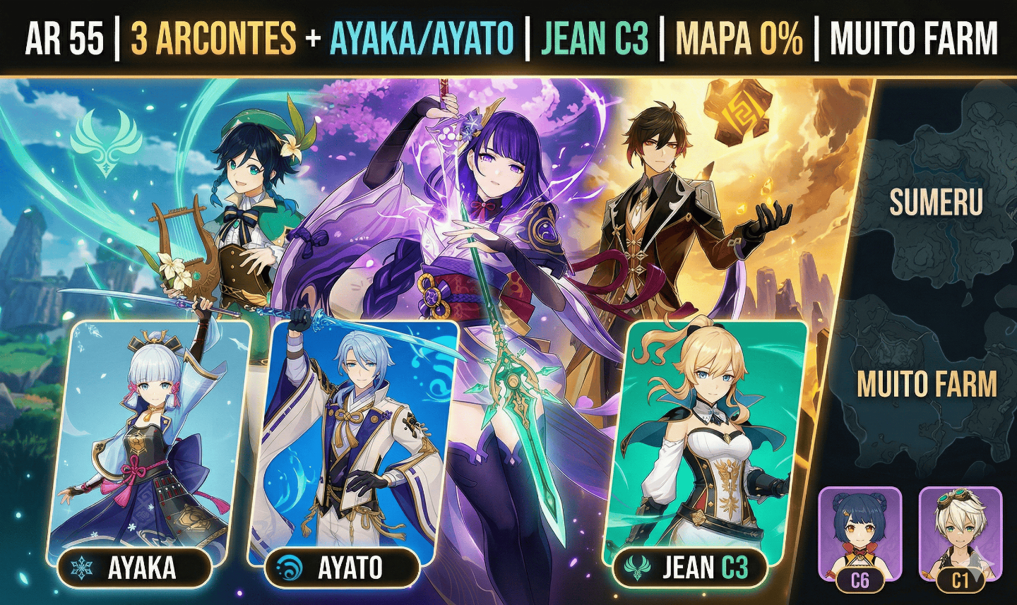 [AR 55] 3 Arcontes + Ayaka/Ayato | Lança Jade | Muito Farm