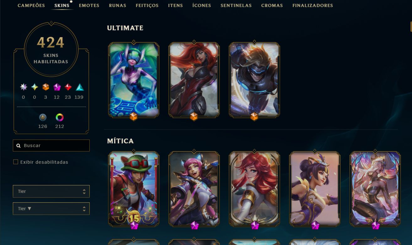 Conta League of Legends criada em 2013, com 424 skins e MMR de Esmeralda.
