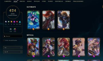 Conta League of Legends criada em 2013, com 424 skins e MMR de Esmeralda.
