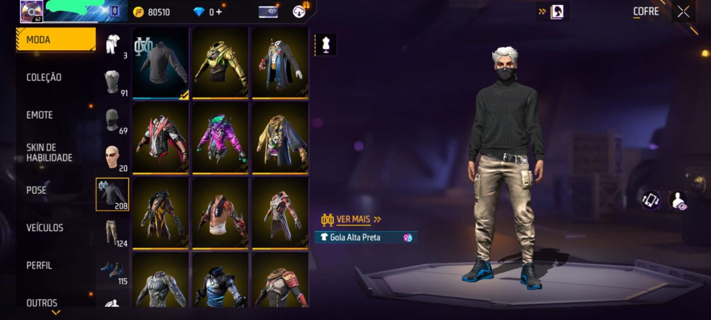 Conta free fire nível 72 gola alta preta, scar punho de ouro, via google!!