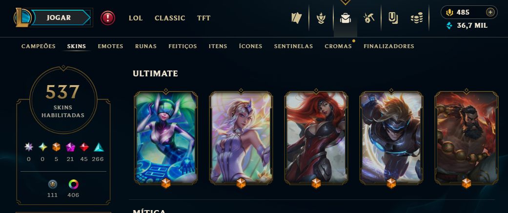 CONTA LOL - DIAMANTE IV +500 SKINS +300 ESSENCIAS MÍTICAS E TODOS OS CHAMPS