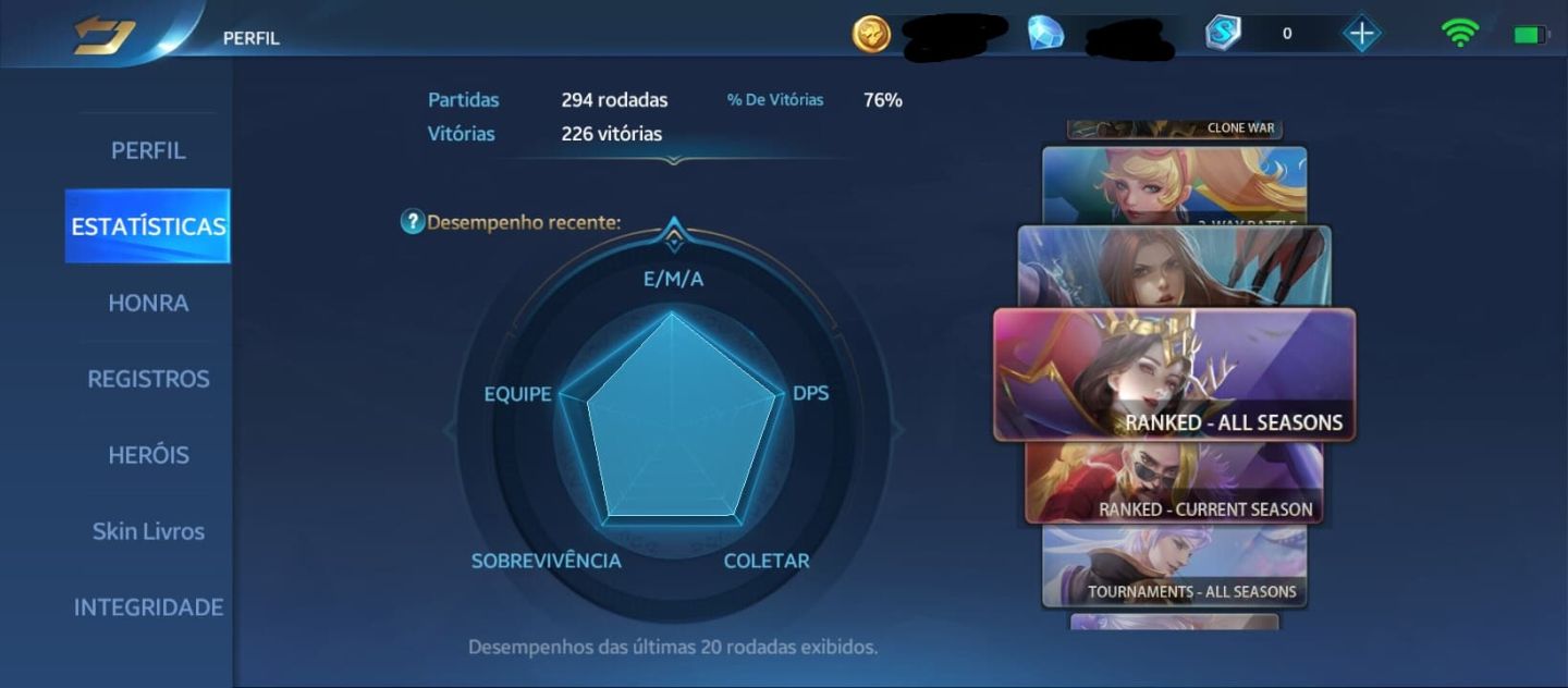 Conta - Heroes Evolved, nível: 43, heróis: 113, skins: 243.