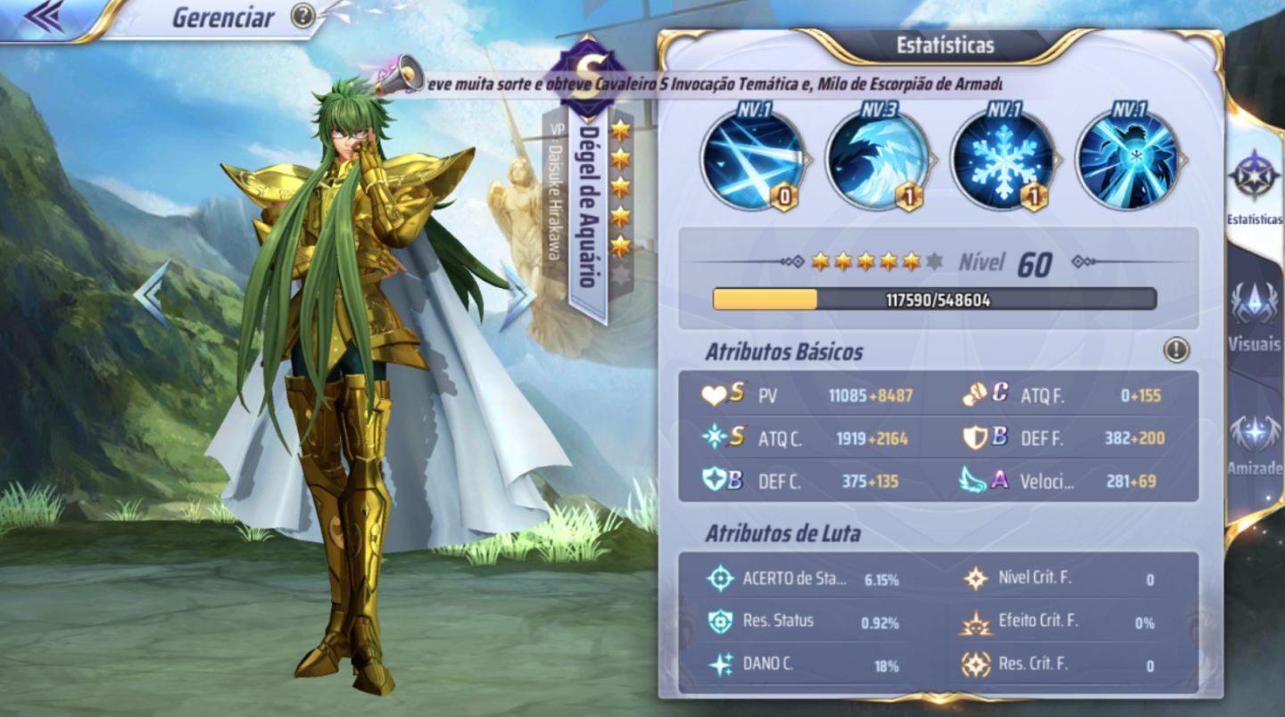 Conta Saint Seiya Awakening sv 142 lv 37 78 gemas, 12 livros azuis, Dégel e mais