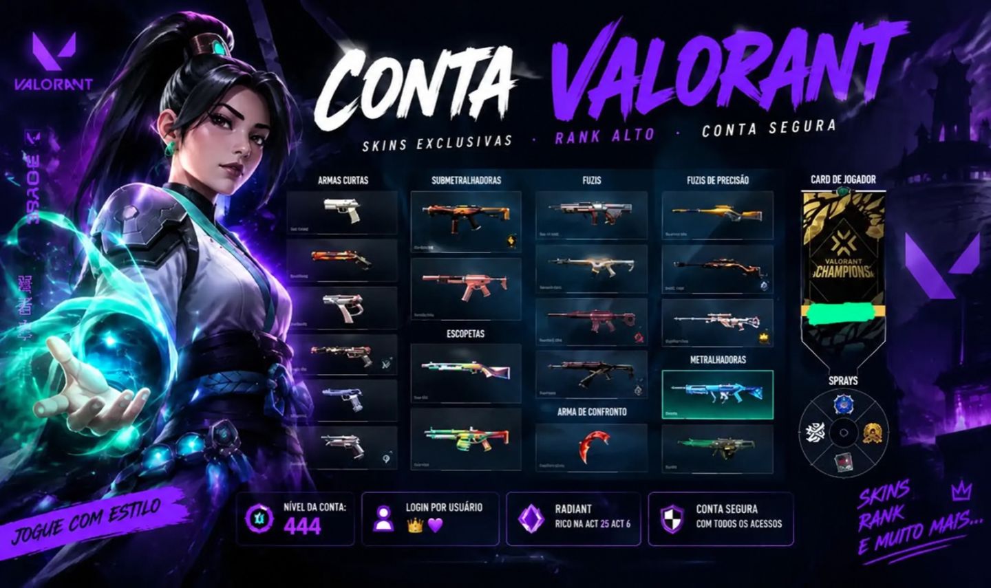 Conta Radiante Ato 25a6 com Pacote Champions 2023/Vandal Arcane/+100 Skins Raras