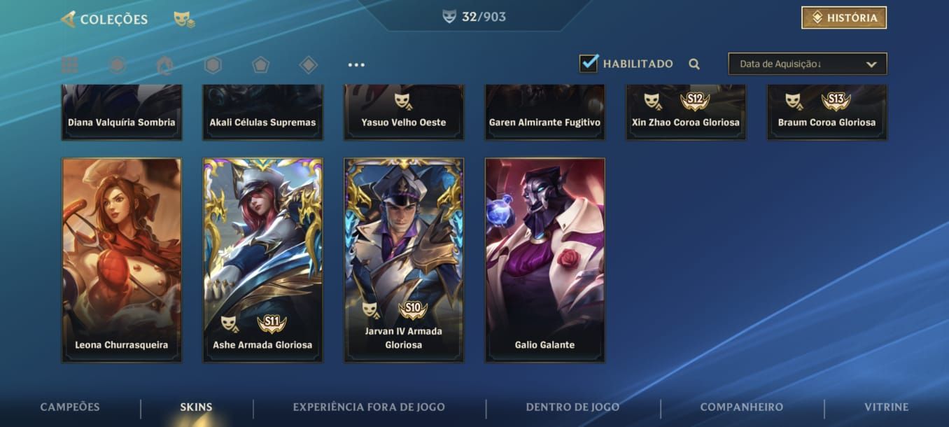 Conta Wild Rift com algumas skins, com +900 essências laranjas (Espólio)