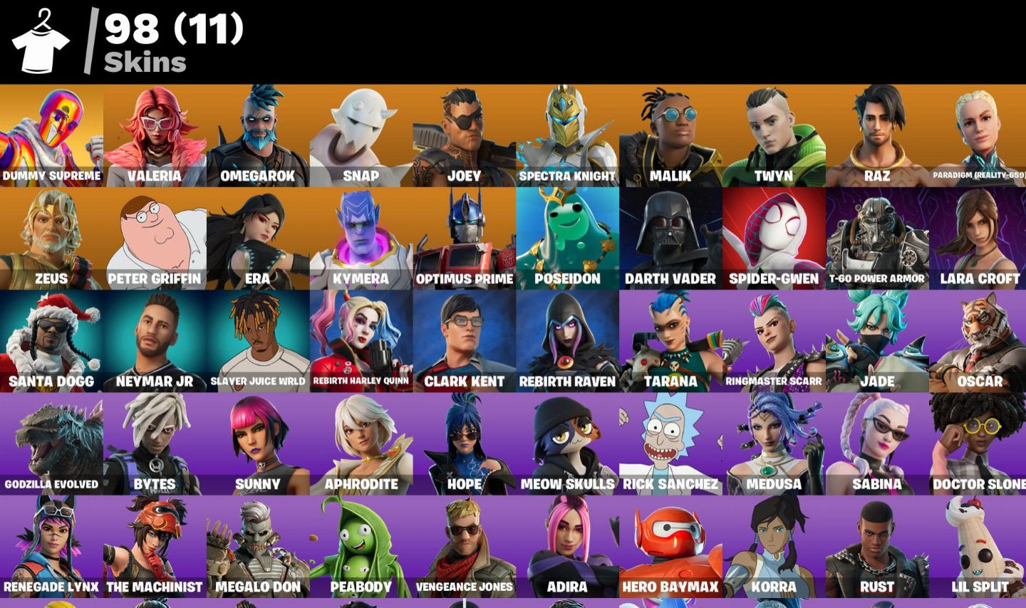 CONTA FORTNITE FULL TRYHARD com DUMMY SUPREME, RAVENA, LARA CROFT e 98 SKINS!