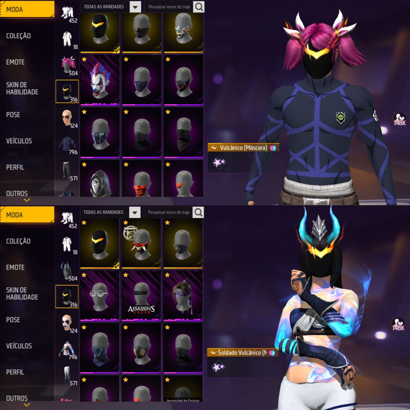 CONTA FREE FIRE FEMININA E MASCULINA, FOCO NO FEMININO