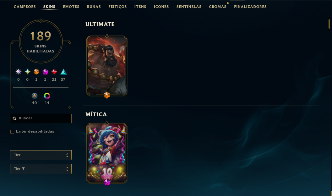 Conta LOL sem jogar rank desde 2020. Várias skins e campeões habilitados