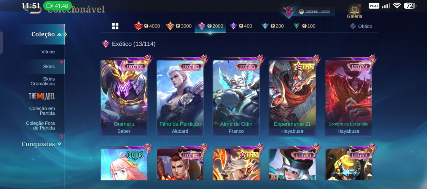 Conta Mlbb 279 skins, 5 skins kof 1 legend
