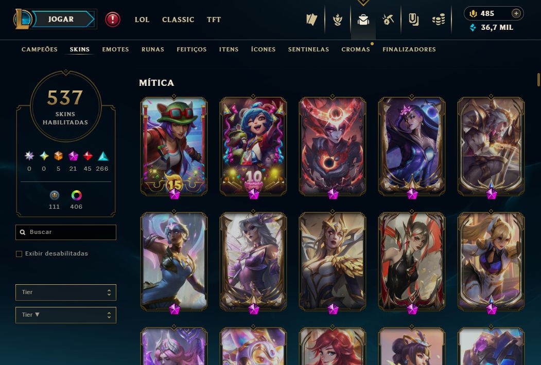 CONTA LOL - DIAMANTE IV +500 SKINS +300 ESSENCIAS MÍTICAS E TODOS OS CHAMPS