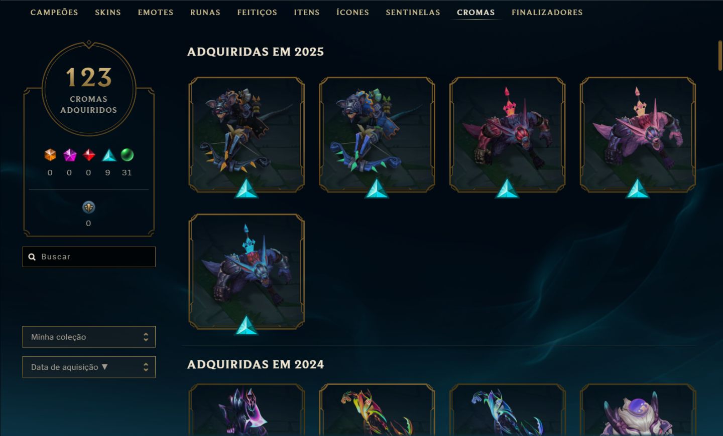 Conta lv 598 com 319 SKINS | 3 ULTIMATE | 7 MITICAS | 282 mil essências azuis