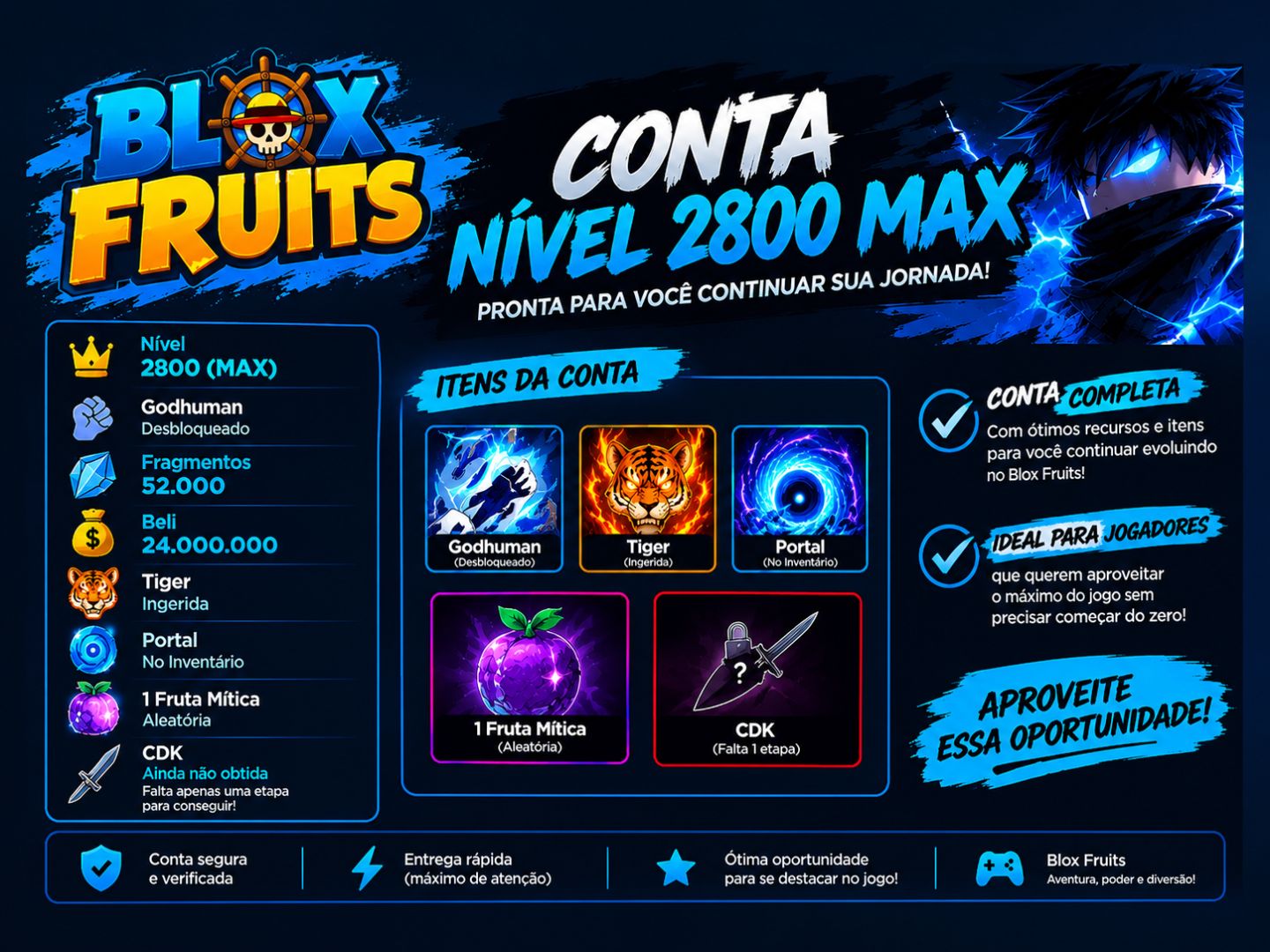 Blox Fruits Nível 2800 MAX | Godhuman, Tiger, Portal e 24M Beli