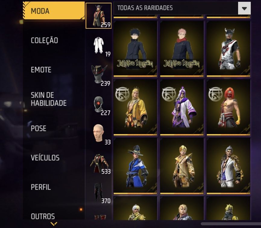 Conta Free Fira com skins de passes antigos
