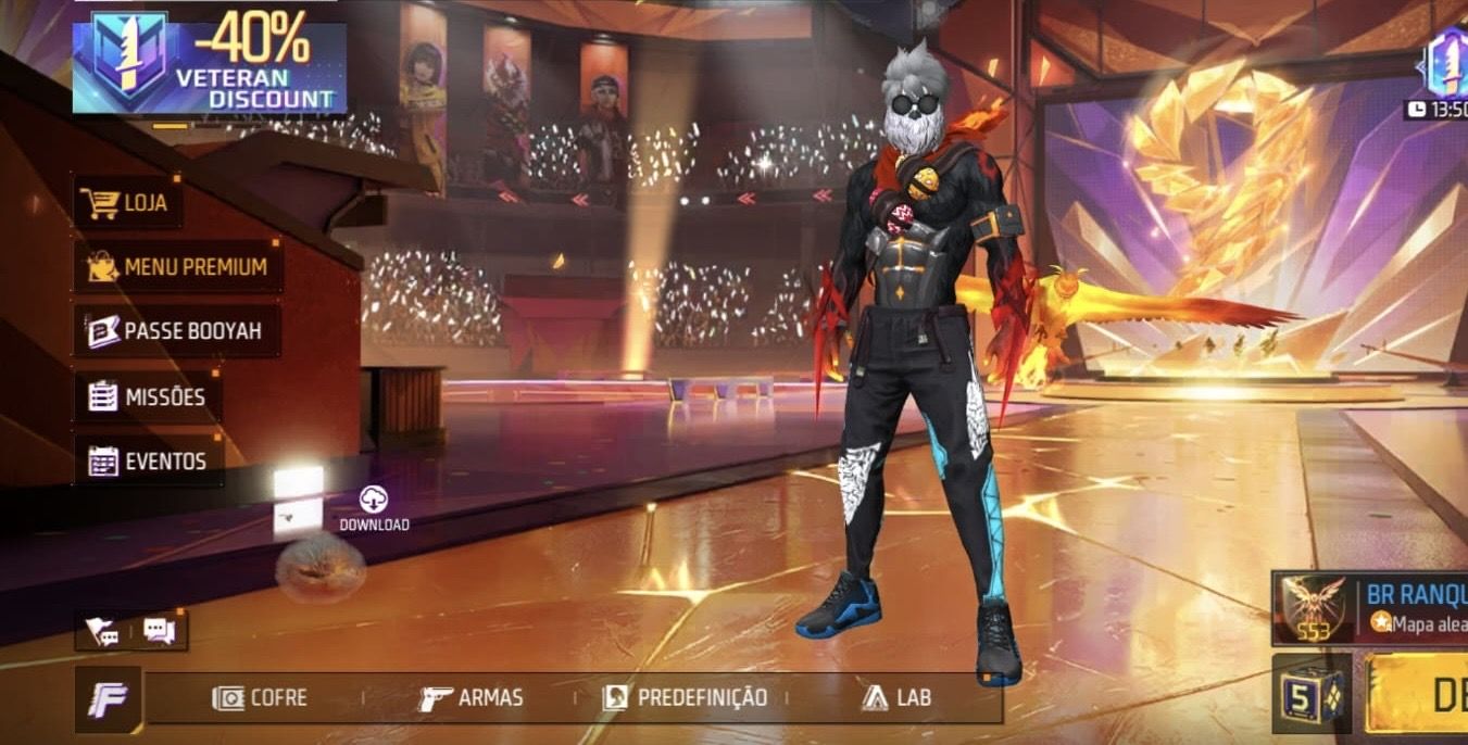 Conta de free fire roupa do mandela, com 2 ump att!! 451 peitoral, 283 calças!!