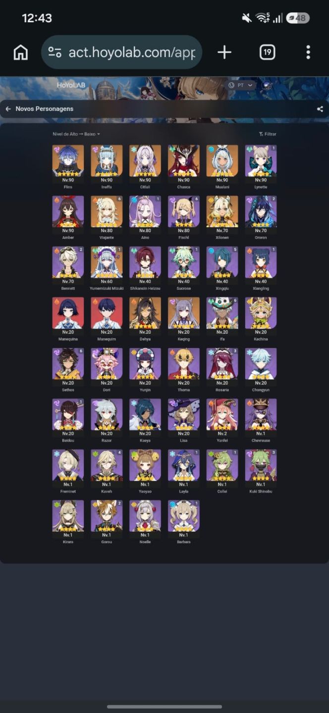 CONTA GENSHIN AR56 9 PERSONAGENS T5 + HONKAI STAR RAIL LEVEL 66 + FULL ACESSO