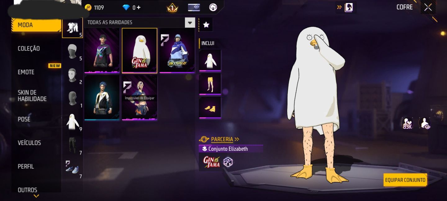 CONTA FREE FIRE NIVEL 11 + SKIN ELISABETH (GINTAMA) + 4 SKINS + GELO + KATANA