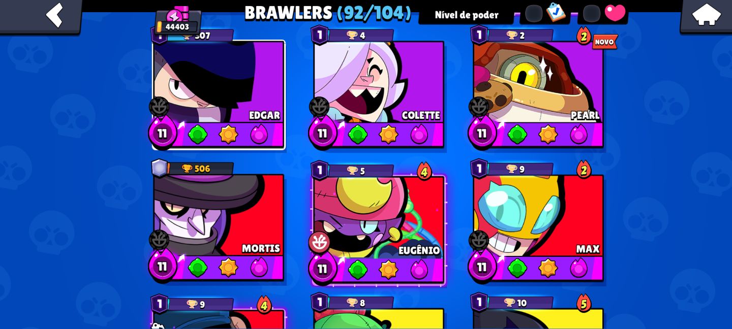 Brawl stars. 44k de troféus 92/104 brawlers 34 nível máximo. Pra sair logo
