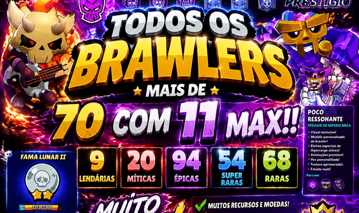 TODOS BRAWLERS , 32 NÍVEL MAX |14 PRESTÍGIOS | SKINS + HIPERCARGAS