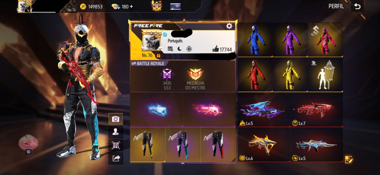 Conta free fire gemada com 5 angelicais, 5 evolutivas, 750+ peitorais, prime 8