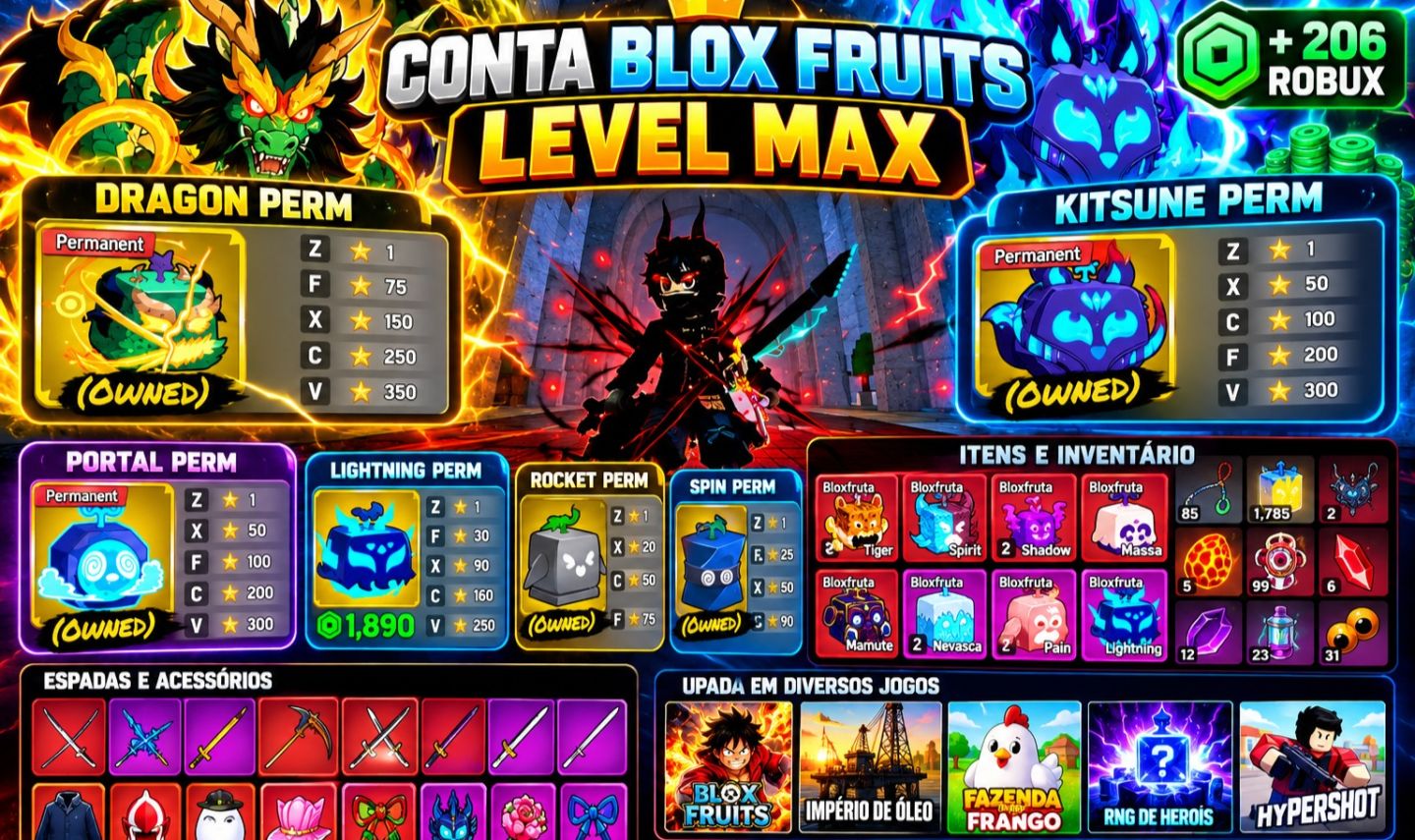 CONTA BLOX FRUITS LEVEL MAX | DRAGON PERM + KITSUNE PERM + PORTAL PERM