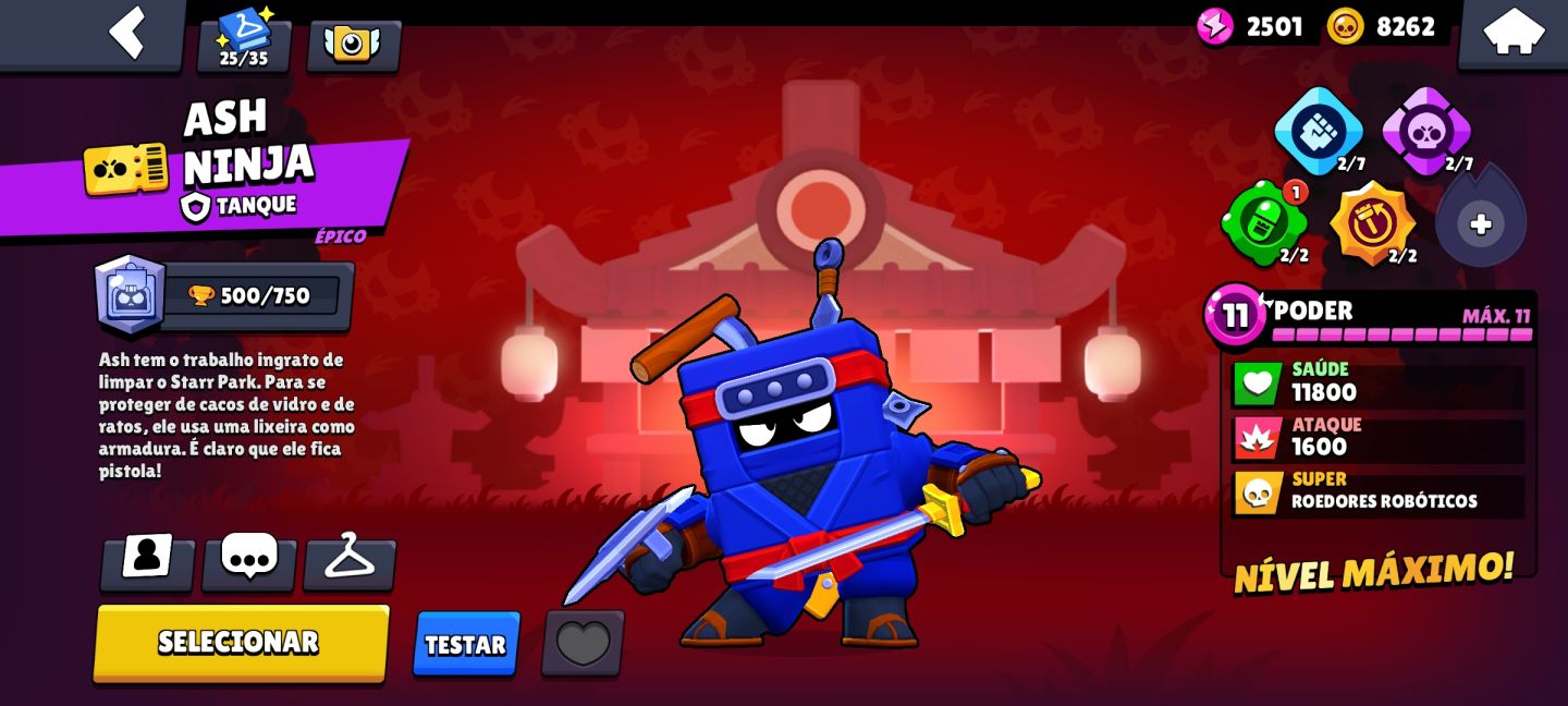 Brawl Stars 12.135 Troféus | Shelly Princesa + Ash Ninja Original + Skins Raras