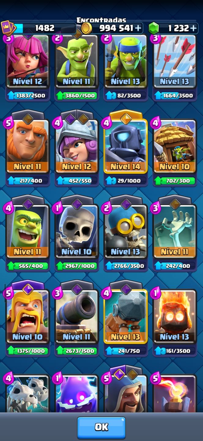 CONTA CLASH ROYALE 11K TROFÉUS! NÍVEL 1482, 122/123 CARTAS, 3 EVOS