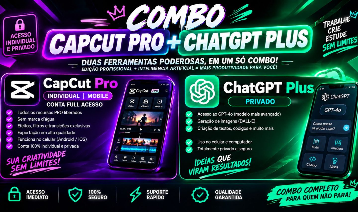 COMBO CAPCUT PRO + CHATGPT PLUS | FULL ACESSO 30 DIAS