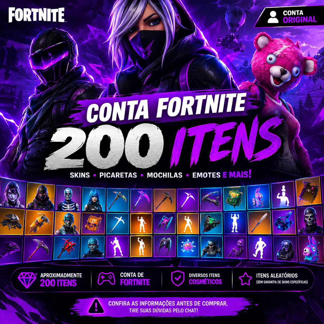 CONTA FORTNITE COM 200 ITENS | SKINS E COSMÉTICOS