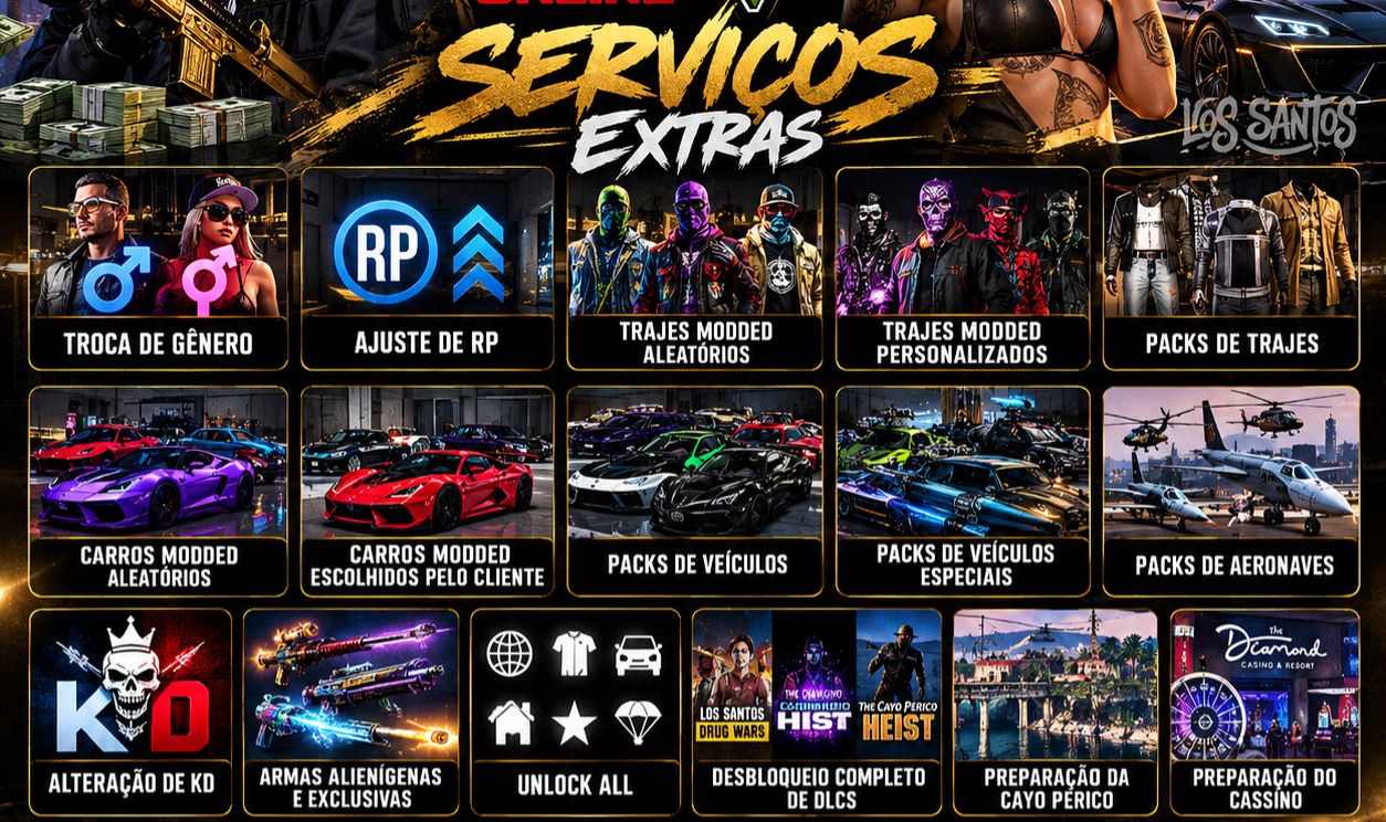 GTA V Online Serviços Extras Carros Trajes Unlock All RP