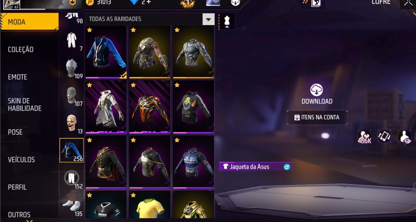 CONTA FF + PASSE DO THURZIN + 256 PEITAS + SOMBRA ROXA + JAQUETA ASUS