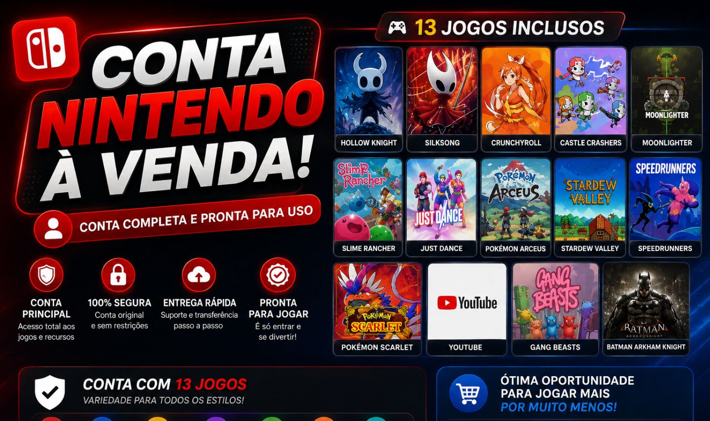 Conta nintendo com 3 exclusivos e outros jogos