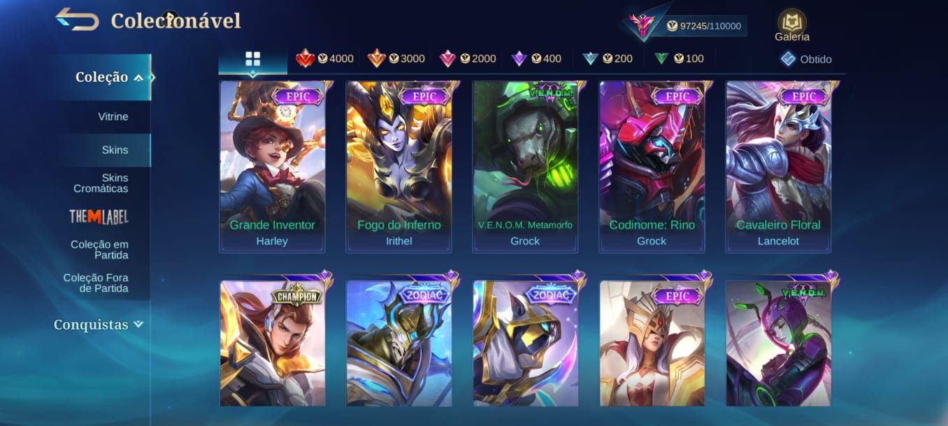 VALOR A NEGOCIAR Conta MLBB Todos os Heróis e várias skins.